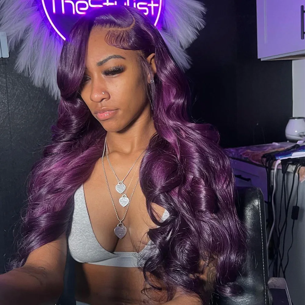 Linhua 12A 30Inch Deep Purple Colored Body Wave 13X4 Transparent Lace Wigs Remy 13X6 Lace Frontal Wig Preplucked With Baby Hair