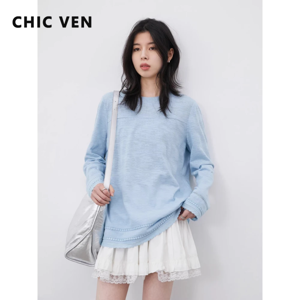 

Женские футболки CHIC VEN: Свободные, повседневные, с кружевом, круглым вырезом, длинным рукавом, полупрозрачные, весна-лето 2026