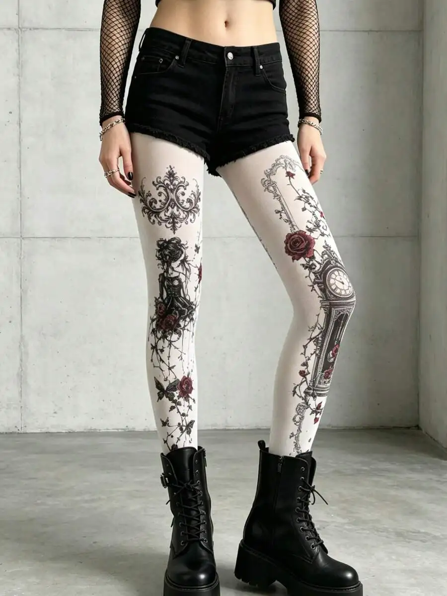 1 Pair Women's Gothic Rose & Clock Print Tights, Suitable For Punk & Gothic Style