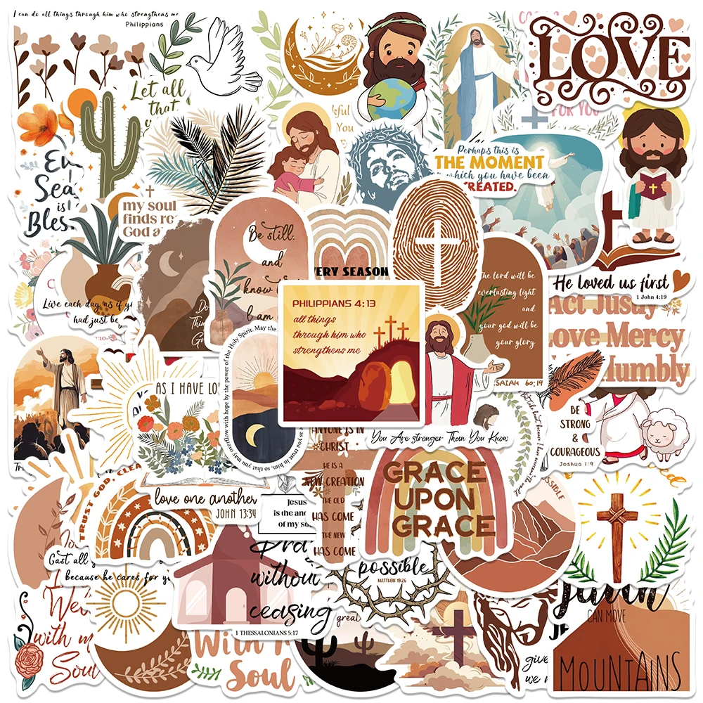 50PCS Boho Bible Cartoon Jesus Christian Prayer Stickers Aesthetic DIY Luggage Motor Notebook Blessing Graffiti Decals Sticker