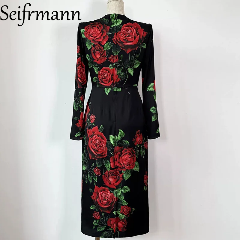Seifrmann Casual Printed Silk Dress Round Neck Long Sleeve Waist Cover Hip Dress 2026 Autumn Women's New Style