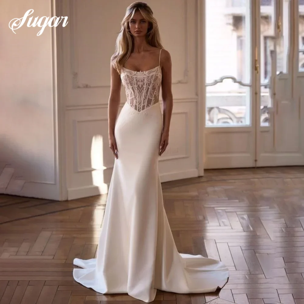

Customized Square Collar Wedding Dress Sexy Lace Applique Bridal Dress Mermaid Spaghetti Strap Bridal Gown Vestidos De Novia