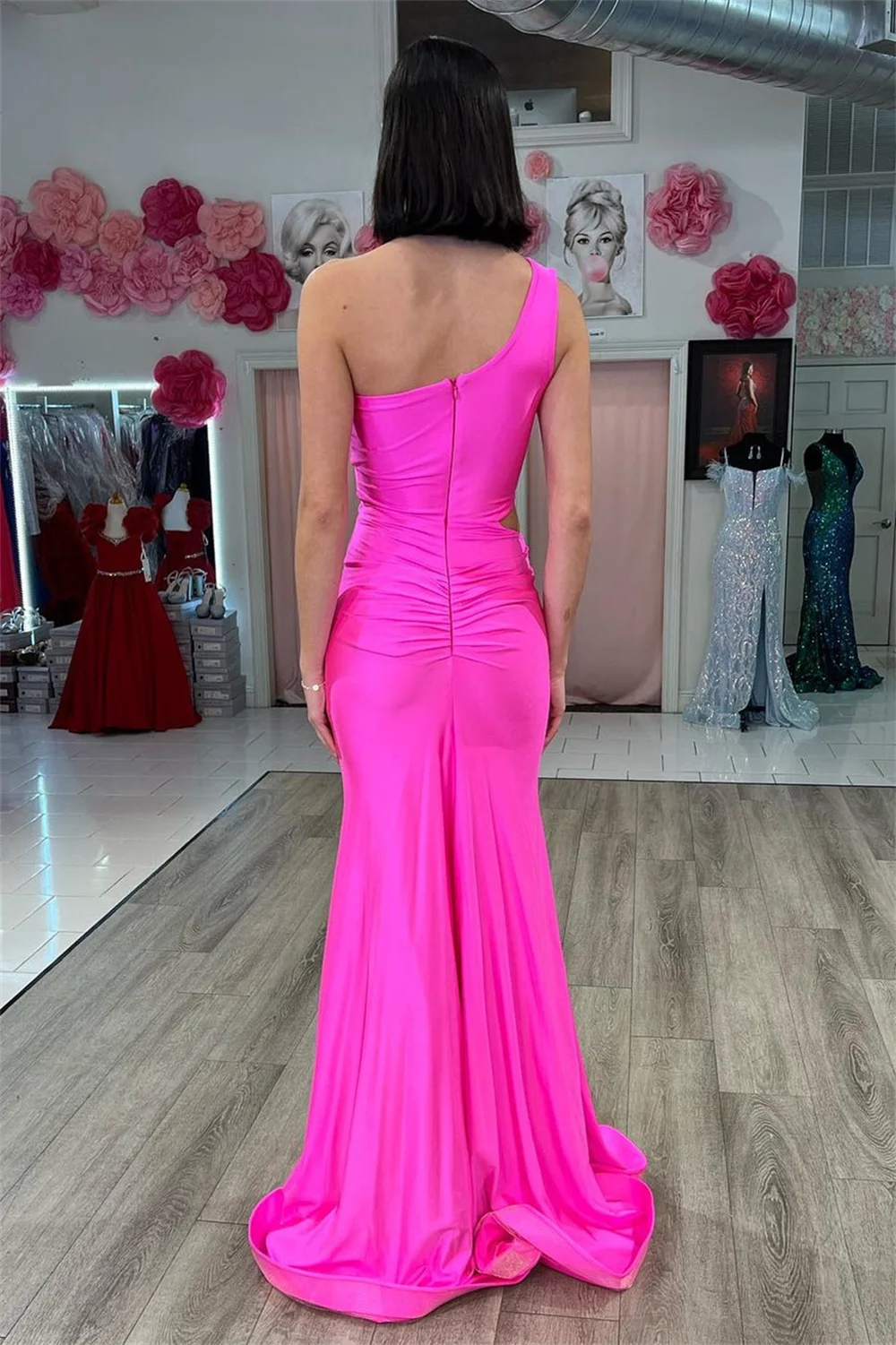 Bella Fuchsia Satin Prom Dresses One Shoulder Mermaid Wedding Dress Elegant Sleeveless Floor-Length Cut-out Vestidos De Fiesta