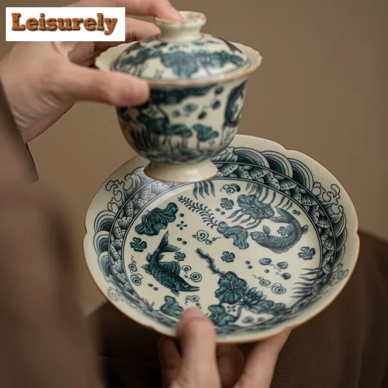 

Imitation Song Ru Kiln Teapot Holder Fish and Algae Pattern Dry Soaking Table Flower Mouth Pot Bearing Holder Fruit Plate Craft