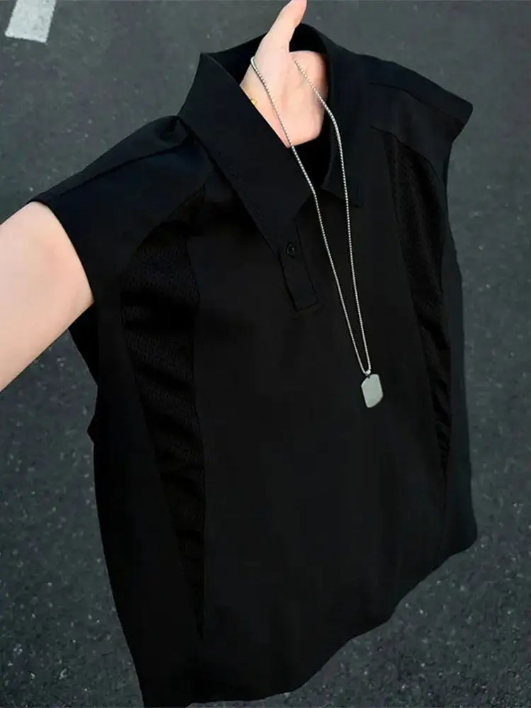 Black Ice Silk Mesh Splice  Shirt Sleeveless Thin Men's T-Shirt Cool Feeling Breathable Shirt Collar Tank Top Shoulder Pad