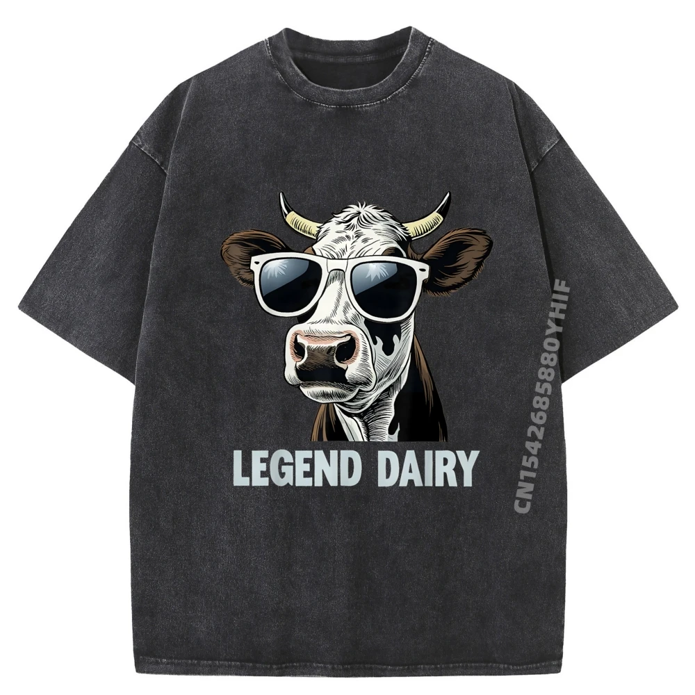 

Mens Printed Tops Legend Dairy Farmer Cow Farmer Pun Cow Graphic T Shirts 100% Cotton Washed T-Shirts Vintage Style