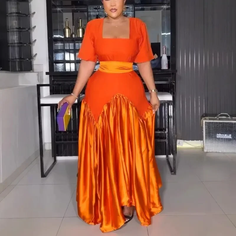 

African Party Evening Dresses for Women Summer African Short Sleeve Orange Plus Size Long Maxi Dress Dashiki Ankara Dresses