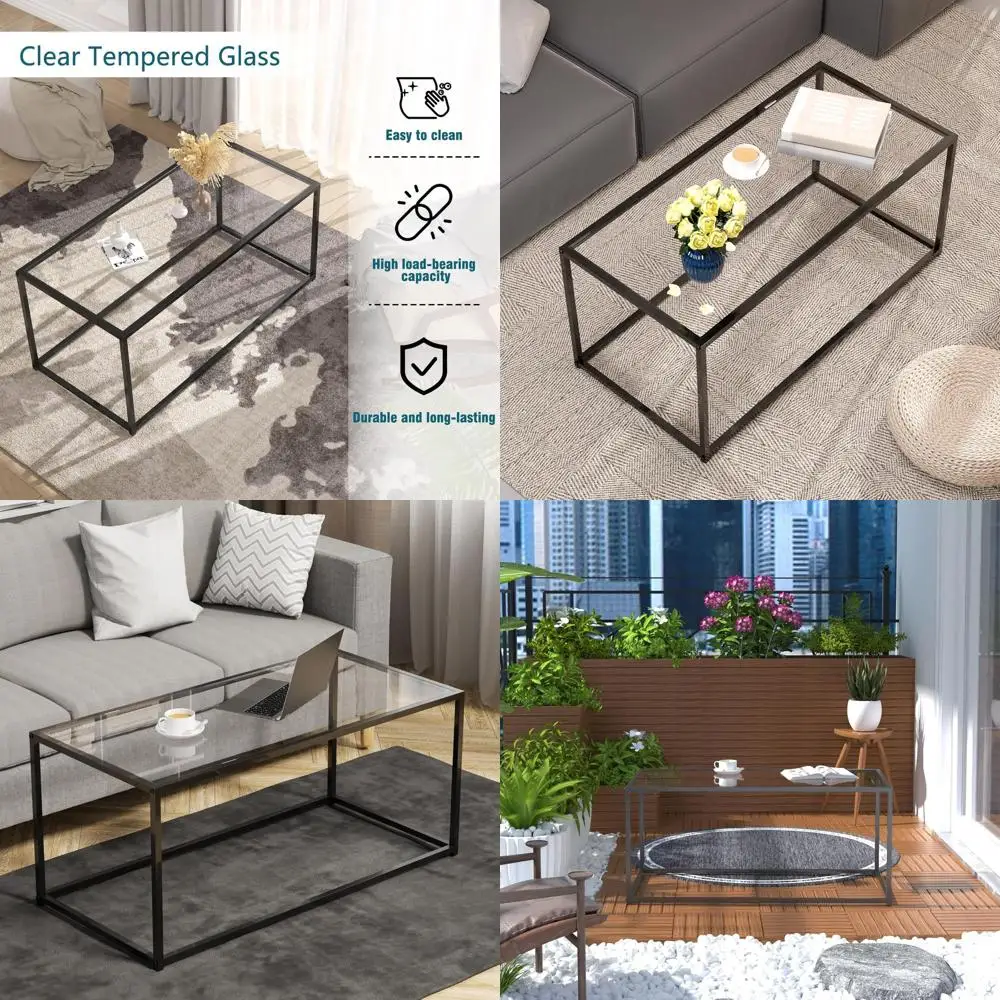 

Современный журнальный столик из закаленного стекла для гостиной, минималистичный дизайн с прочной металлической рамой, легко собирается, черный цвет