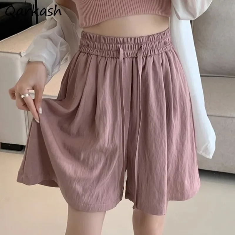 

Solid Shorts for Women Elastic Waist Thin Summer Clothing Ladies Chic All-match Breathable Loose Korean Style Casual Wide Leg