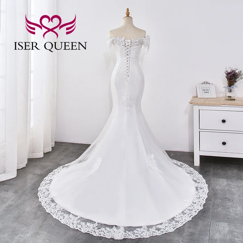 تخصيص الدانتيل يزين بسيط أنيق حورية البحر فساتين الزفاف قبالة الكتف قصيرة الأكمام بالإضافة إلى حجم فستان الزفاف WX0032