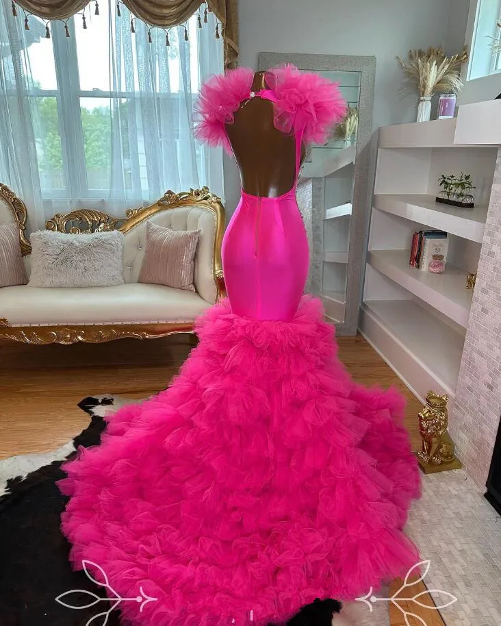 Fuchsia Pink Mermaid African Prom Ceremony Dresses for Women Sparkly Diamond Ruffles Skirt Evening Gown vestido elegance