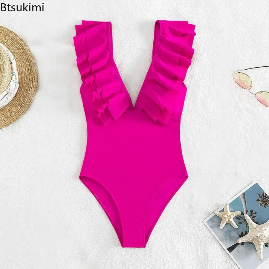 2024Women\'s Sexy Ruffles Sleeve Swimwear Solid Hot Pink V Neck Control Abdomen Monokini Bathing Suit Backless One Piece Swimsuit