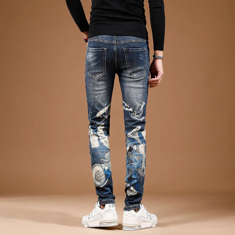 2024 new fashion printed personalized jeans for men's street slim fit elastic feet high end trendy denim pants