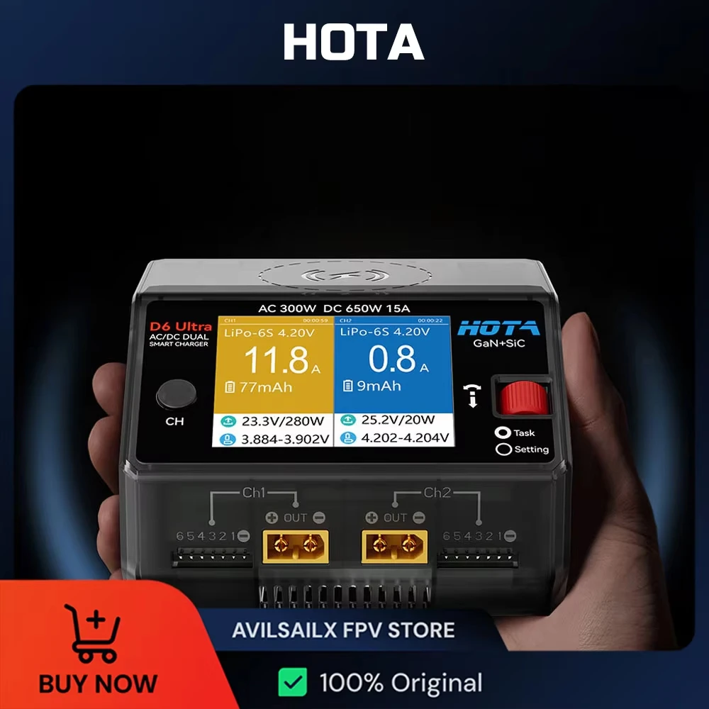 HOTA D6 Ultra GaN+SiC Dual Channel Charger AC300W DC650W XT60 Port Support 1-6S LiPo LiHV Li-ion NiMH RC Battery Fast Balance Ch