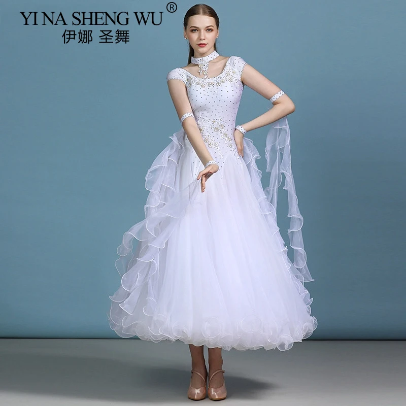 Women Waltz Competition Ballroom Dress Standard Mordern Dance Performance Stage Costume Evening Gowns Short Sleeves Rhinestones