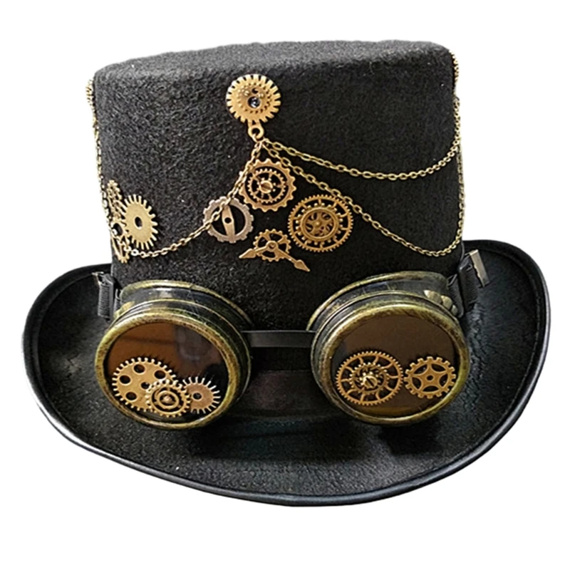 Vintage Adult Man Women Steampunk Flat Top Hat with Goggles Halloween Metal Gear Decor Hat Gothic Cosplay Magician Hat