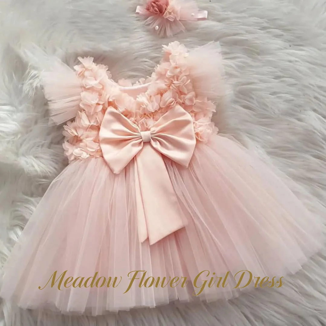 

Meadow Blush Pink Princess Girls Dress 3D Floral First Communion Gown with Statement Bow Cute Children Birthday Wedding Dresses