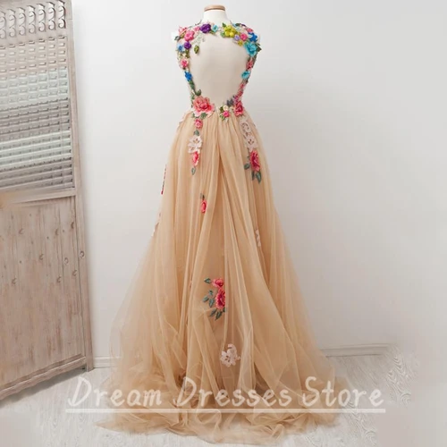 Imagen 2 del producto Vestidos de baile de graduación coloridos encantadores de flores sin mangas de tul Línea A apliques largos hasta el suelo sin espalda vestidos de fiesta y banquete