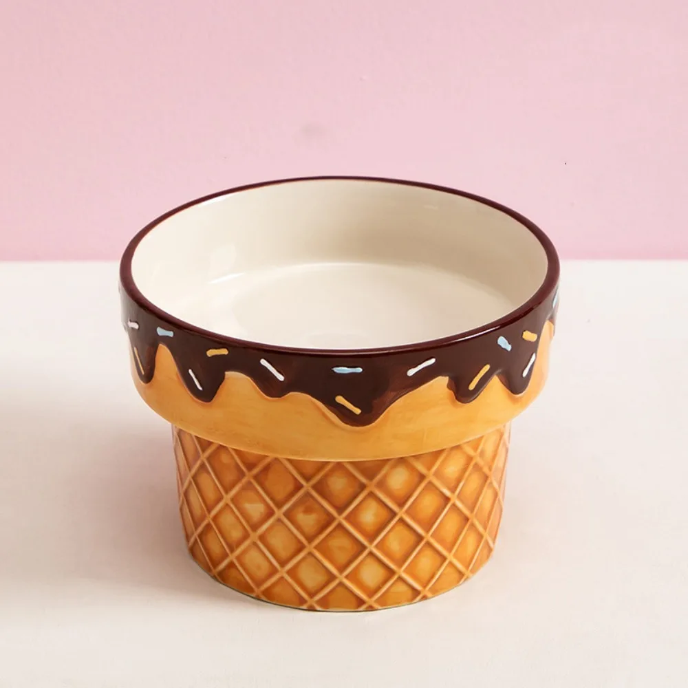 Ice Cream Shape Ceramic Cat Bowl High Foot Protection Large Diameter Elevated Cat Bowl Non Slip Flat Bottomed Cat Food Bowl