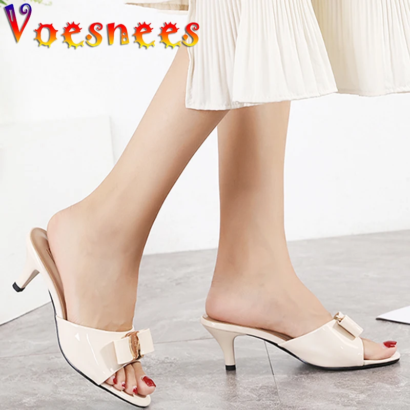 Summer Women Shoes Low Heel Modern All-Match Slippers Metal Decoration Butterfly-Knot Shallow Mouth Thin Heel Sandals High Heels