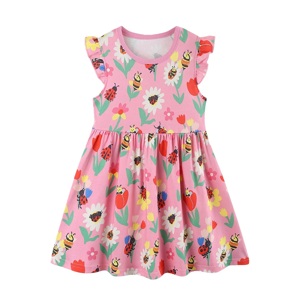 2-7T New Style All Printed Flowers Bees Girls Dresses Fly Sleeve Summer Children's Dresses Frocks Toddler Frocks Of Jumping