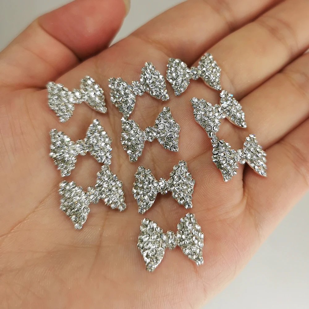 10Pcs Full Glitter Diamond Bow 3D Nail Charms 13*17MM Clear/AB Crystal Bow Rhinestone DecorChristams Kawaii Bow Manicure Parts