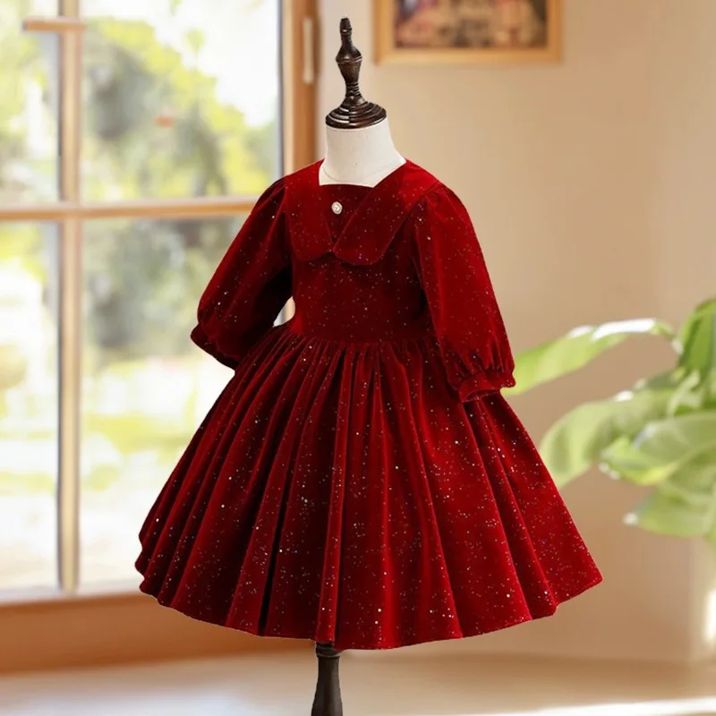 Vestido de baile de lantejoulas de manga longa para meninas, vestido vermelho para crianças, vestidos de festa femininos, traje infantil, 2024