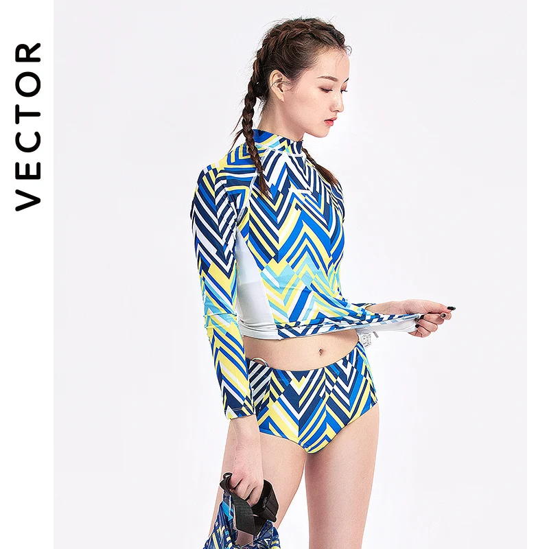 Long Sleeve Women Swimwear Bikini 2022 Printed Plaid Swimsuit Zipper Two Piece Surf Suit Patchwork Swimsuit Turtleneck Wetsuit