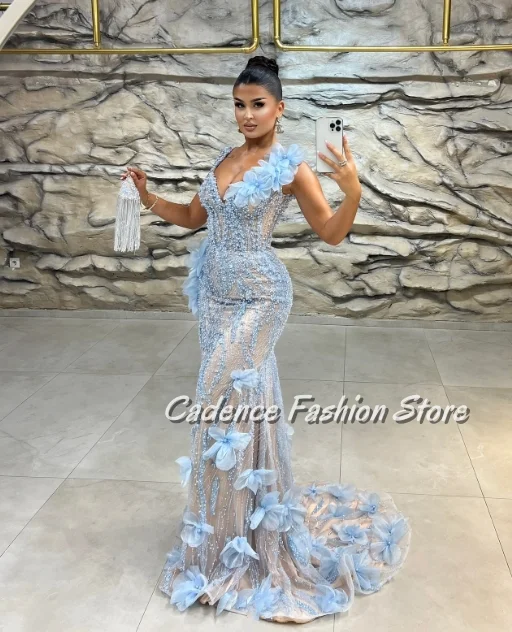 Maßgeschneidertes Abendkleid, blau, exquisite Mode, klassisch, V-Ausschnitt, ärmellos, stereoskopische Blume, Perlen, Kristall, Fischschwanz, hohe Qualität