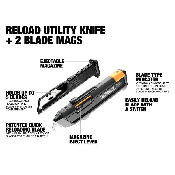 TOUGHBUILT TB-H4$2-03 Reload Utility Knife With 2 Blade Magazines Toughbuilt Precision Tools Knife Hand Tools