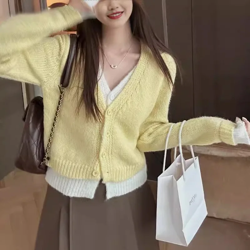 2024 new sweet dopamine wear，fake two-piece v-neck sweater girl，mohair long-sleeve knit cardigan top，cardigan sweater