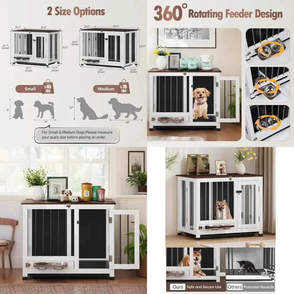 

Деревянный вольер для собак с обзором 360° ° Поворотная кормушка и съемный поддон | Многофункциональный приставной столик для дома, подходит для средних и маленьких собак