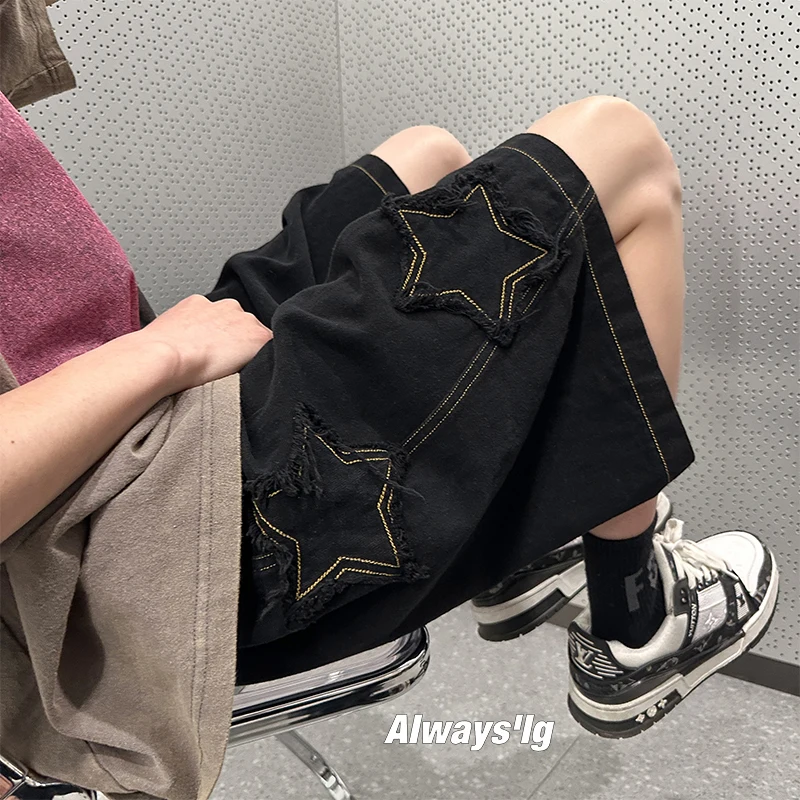 Jeans Shorts Men Clothes Hop Cargo Baggy Short Pants Y2K Women Streetwear Breeches Star Korean Harajuku Jorts Denim Hip