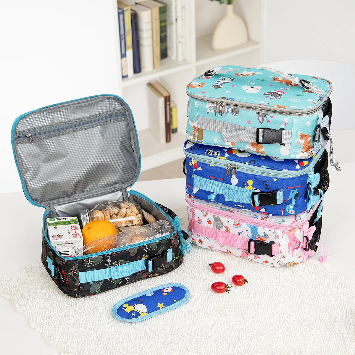 תיק ארוחת צהריים מבודד קרטון חמוד עם הדפס פרחוני תיקי אוכל ניידים תרמיים תיק ארוחת צהריים לשמירה על הטריות לתלמיד