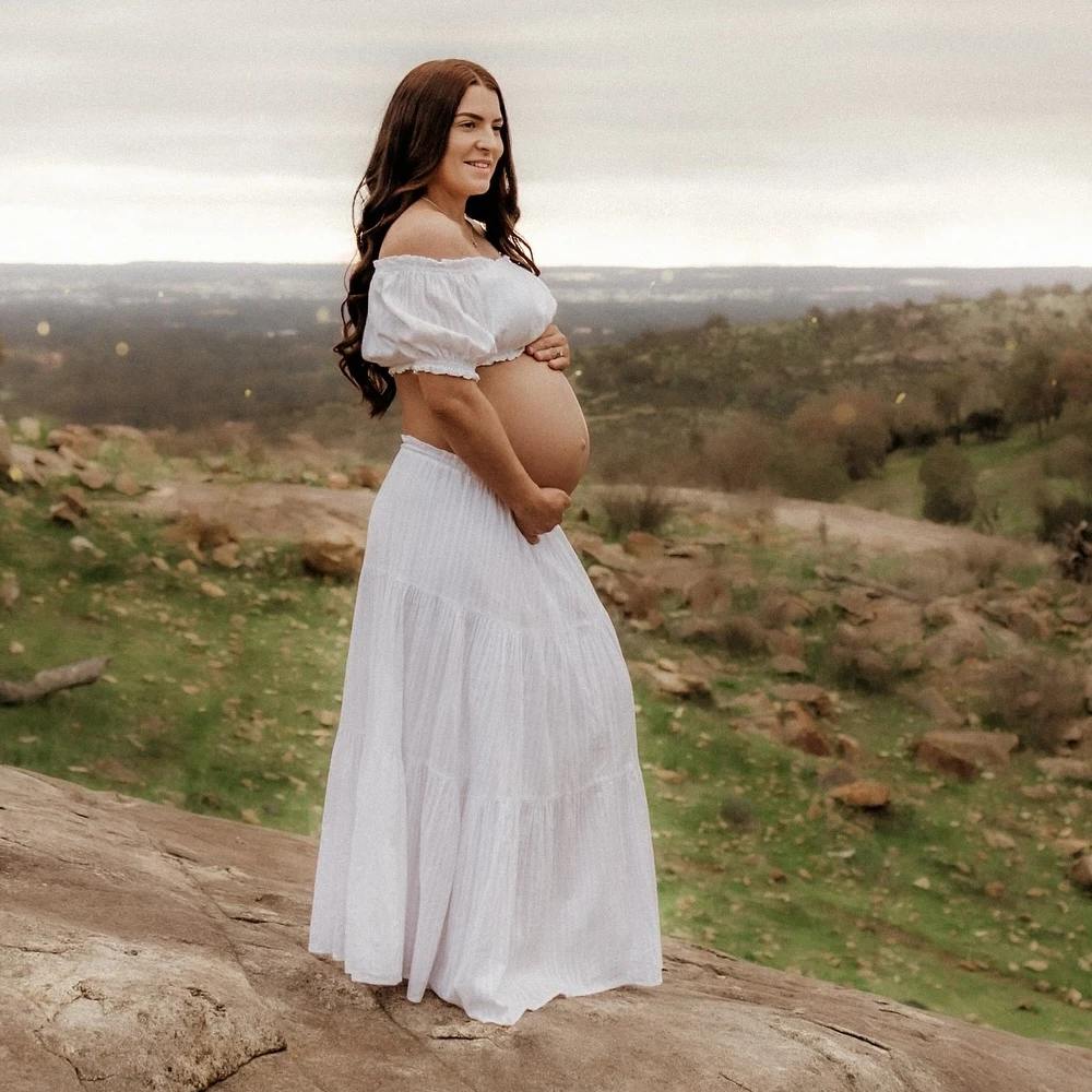 Comfortable Linen Cotton Maternity Dress One Shoulder Short Sleeved Two-Piece Set  Ankle Length Skirt Bohemian Pregnancy Dress