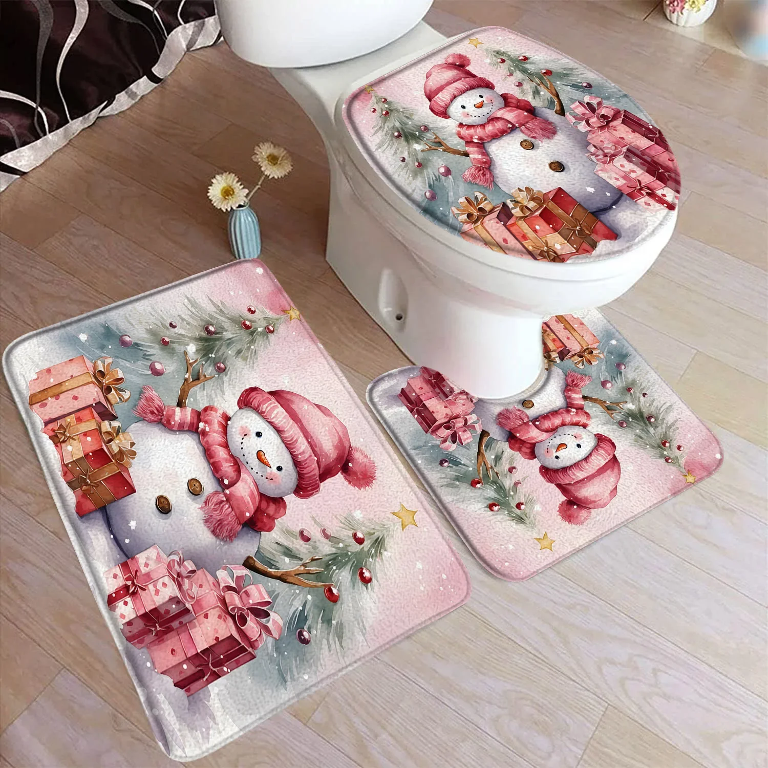 Cute Pink Snowman Bath Mat Set Xmas Tree Gift Watercolour Winter Christmas Carpet Home Bathroom Decor Floor Rug Toilet Lid Cover