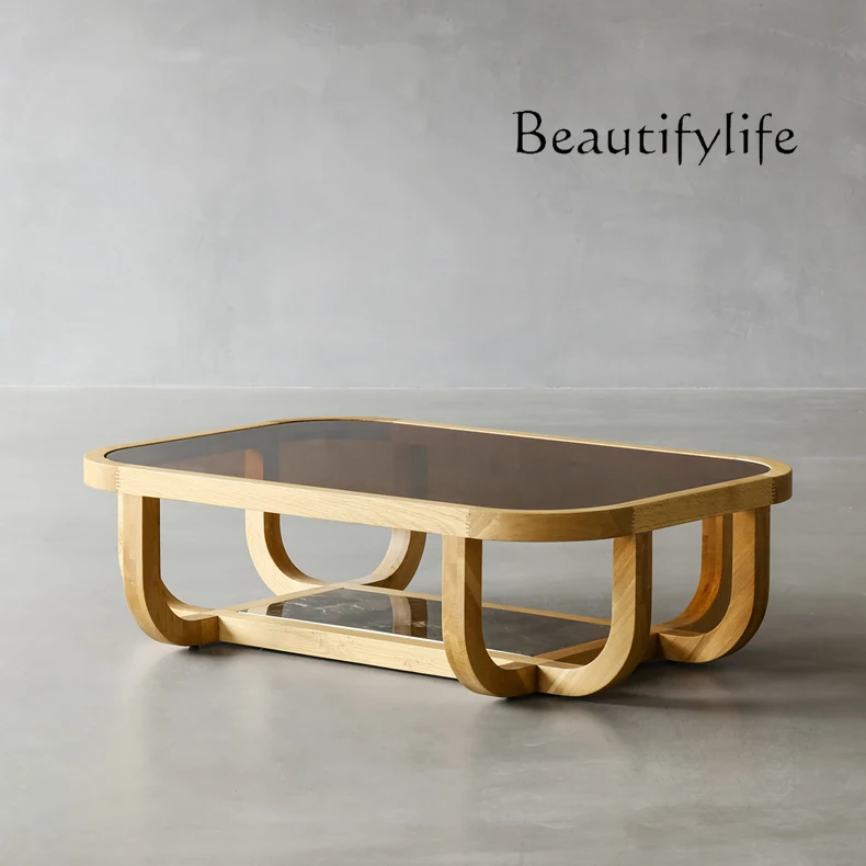 Italian Minimalist Solid Wood Tea Table French Entry Lux Creative Glass Tea Table Living Room High-Grade Tea Table