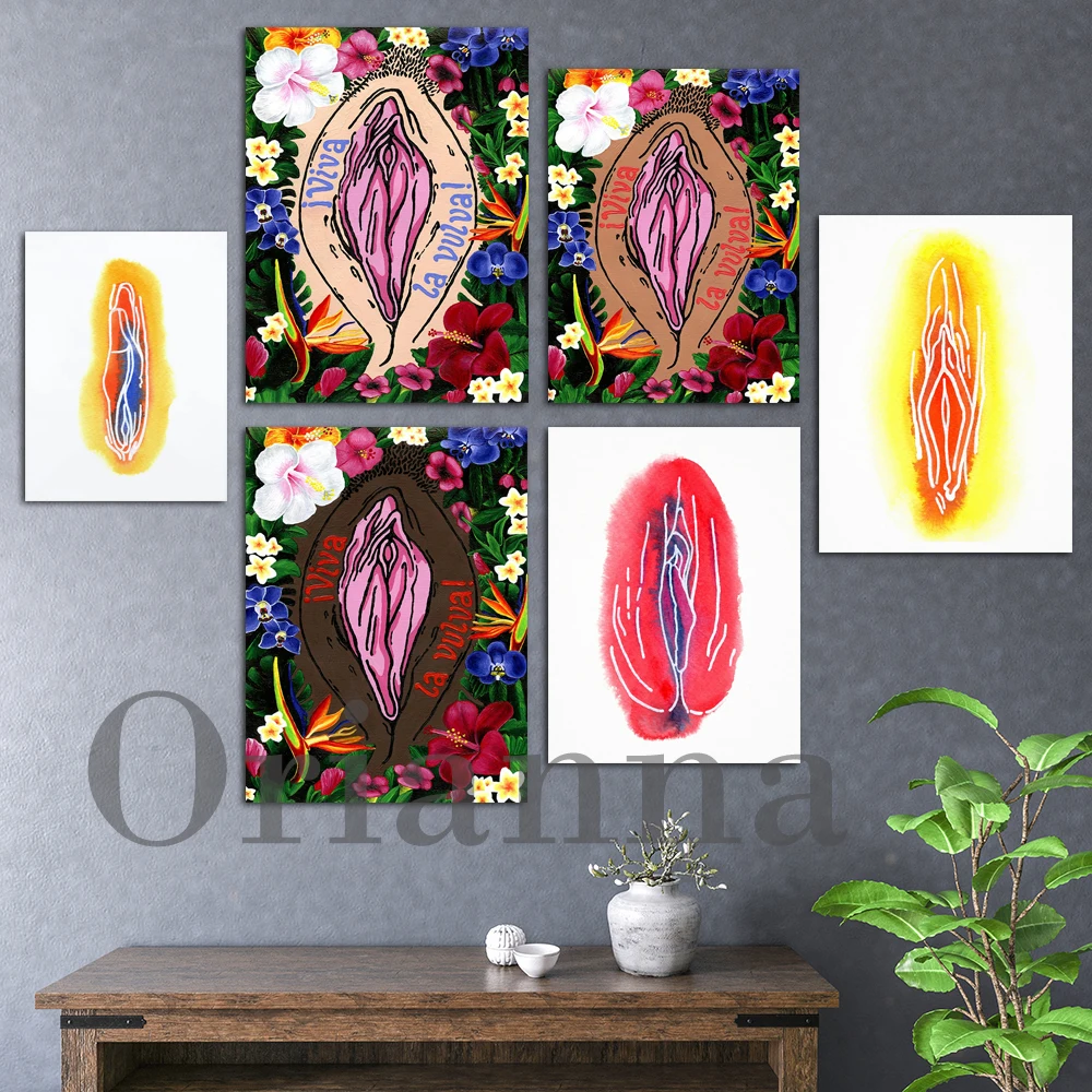 Vulva Feminist Wall Art Print With 'Viva La Vulva' Protest Sign & Tropical Flowers For Body Positivity, Vulva Art Protest Poster