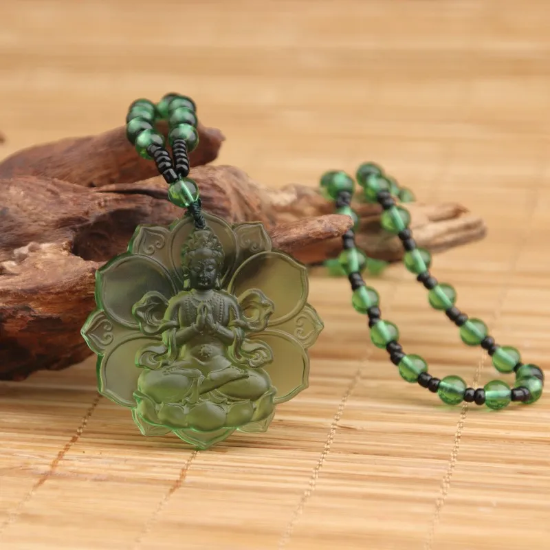 Liuli Crystal Buddha Green Tara Amulet Buddha Charms Tibetan Buddhism Religion Amulet Pendant Crystal Beads Glass Necklace