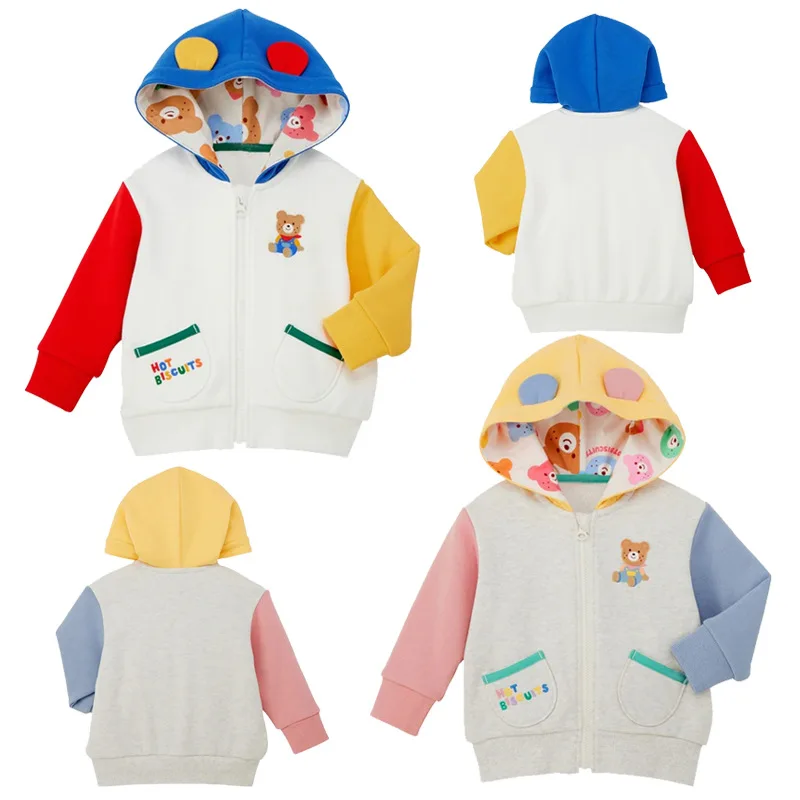 

Children's Zipper Hooded Sweatshirt, New Autumn and Spring Baby Cartoon Bear Letter Embroidery Color-blocked Jacket