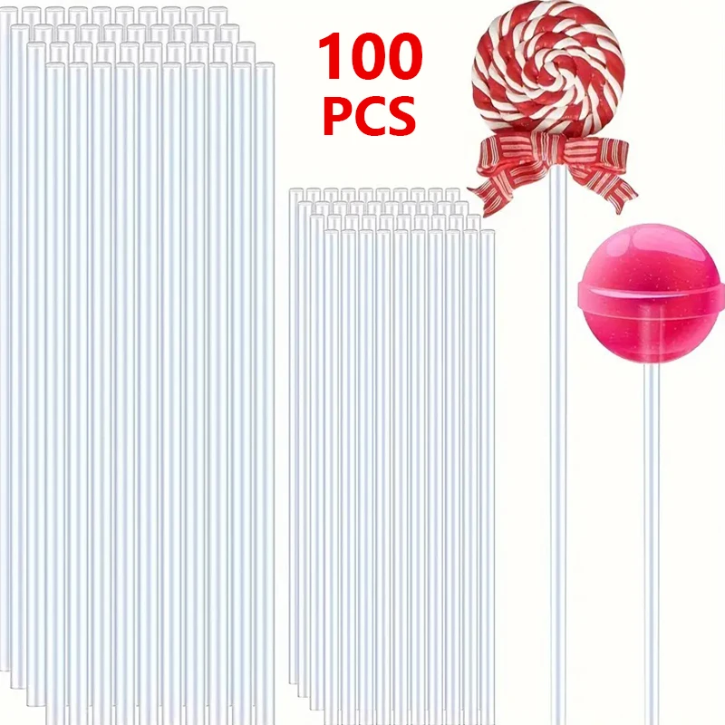 100Pcs Transparent Acrylic Lollipop Stick Reusable Candy Chocolate Cake Topper Sticks for Wedding Birthday Party Baking Supplies