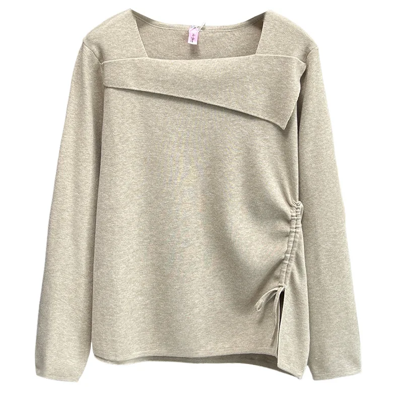 

XXXXL Fashion Plus Size Women's Sweater 2025 Autumn New Design Square Neck Drawstring Knitted Jumpers 5193