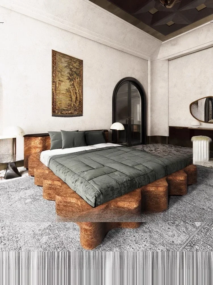 侘び寂び風ダブルベッド、樹瘤木目、波型無垢材ベッド、ショートスタイル