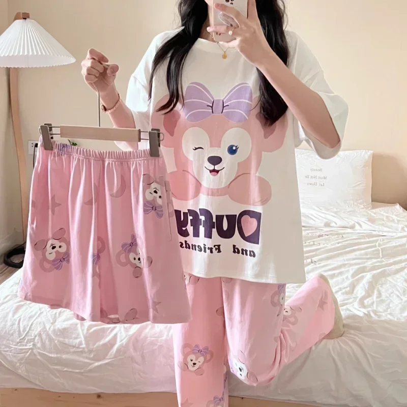 Disney Mickey Mouse Autumn Cotton Three-piece Women\'s Pajamas Silk Pajamas Women\'s Short Sleeve Crew Neck Pants Loungewear Set