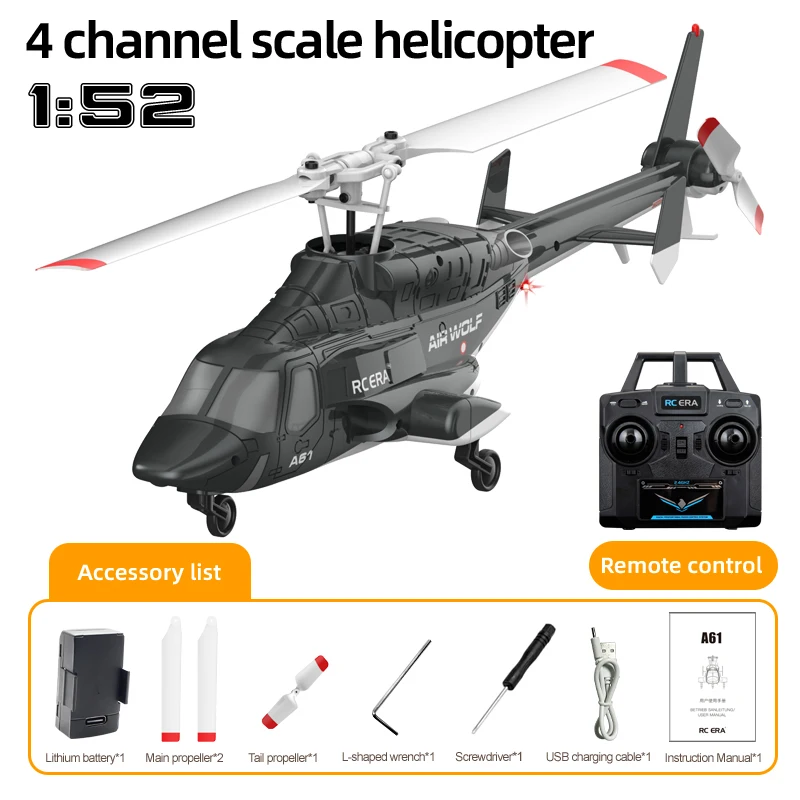 

2025 RC ERA New A61 RC 1/52 Simulation Airwolf 4-channel 6-axis Drop resistant Helicopter Remote Controlled Adult Children's Toy