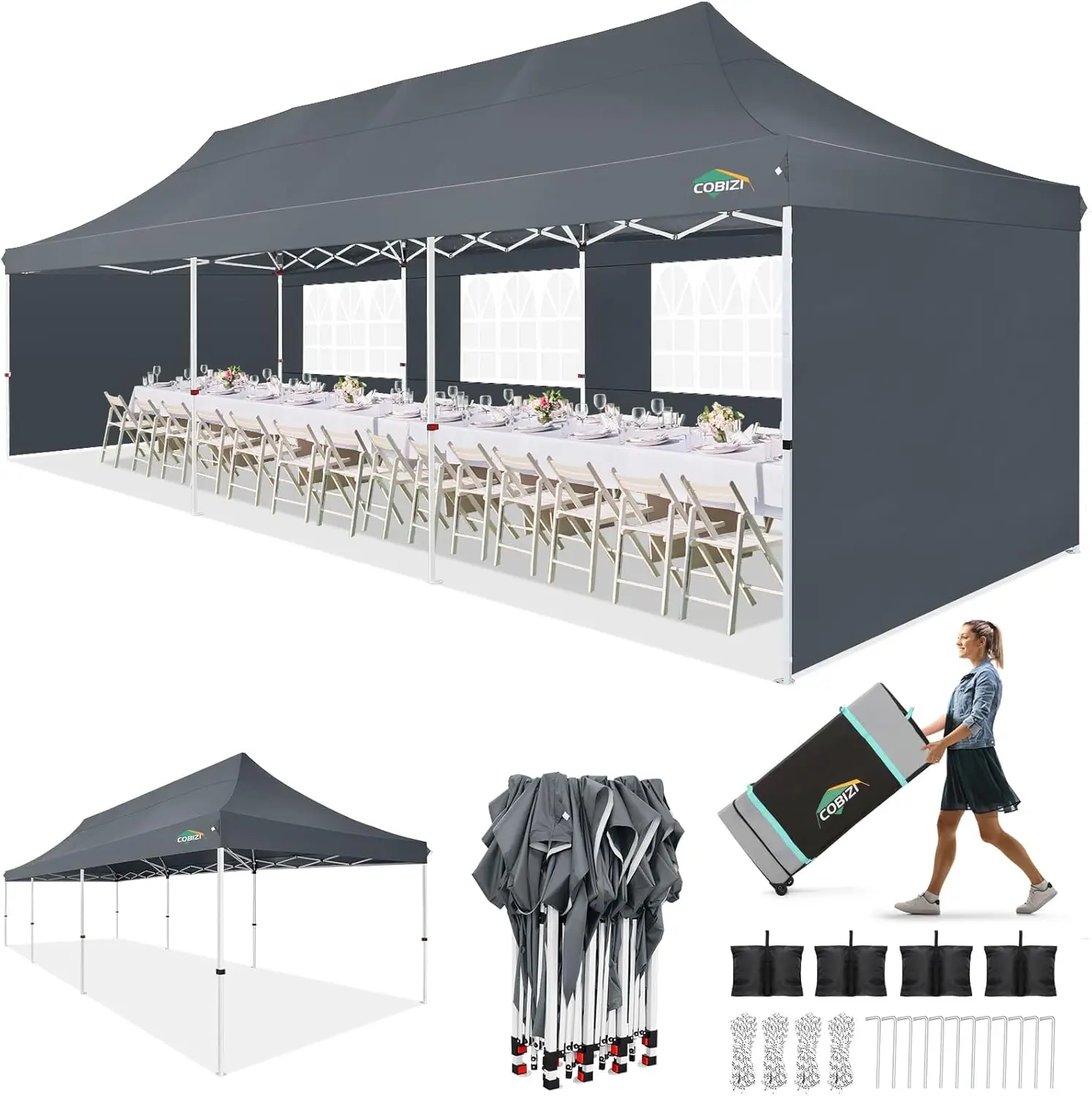 COBIZI 10x30 Pop up Canopy with 5 Removable Sidewalls & 4 Sandbags, Canopy Tent for Parties, Wedding, and Commercials