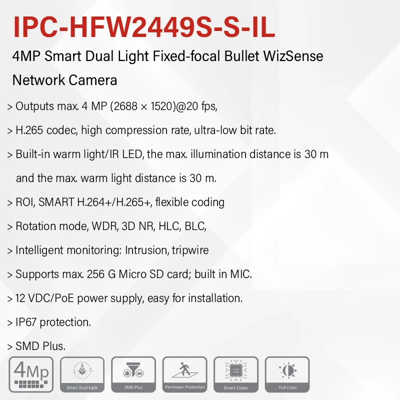 Dahua 4MP 8MP Full Color Bullet Camera With IR Warm Light Mic H.265+ Smart Human & Vehicle Detection HFW2449S-S-IL HFW2849S-S-IL