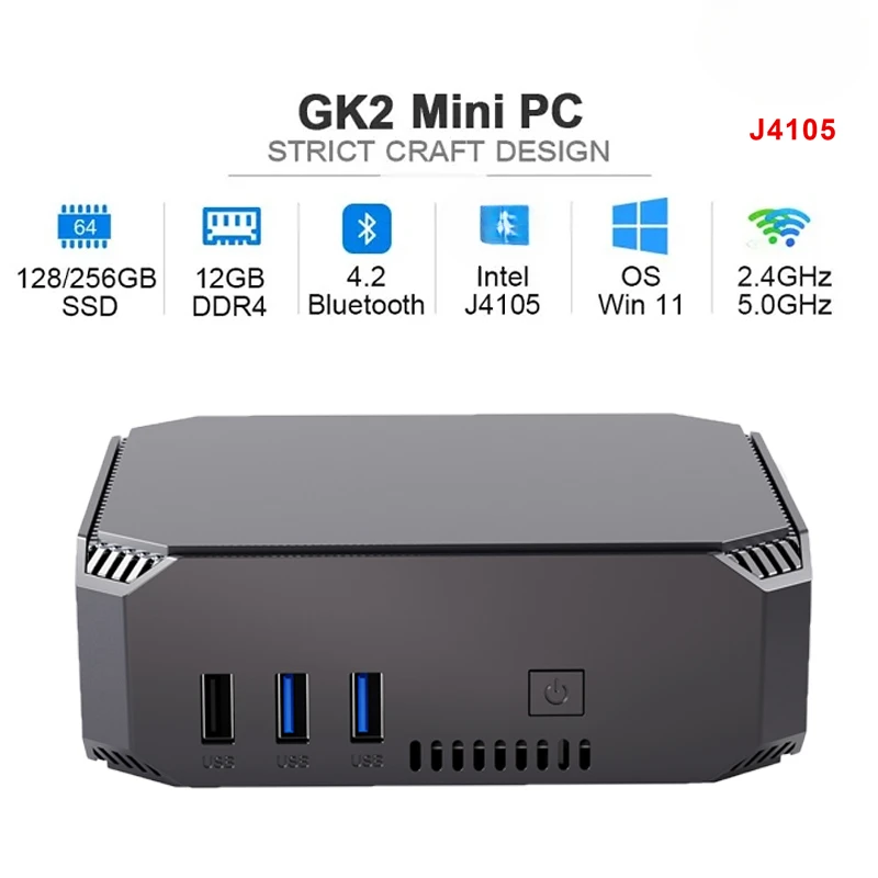 

GK2 Mini PC Windows 11 CPU Intel Celeron J4105/J3455 Quad-Core DDR4 12GB 128GB/256GB/512GB SSD Internet Computer Desktop Gamer