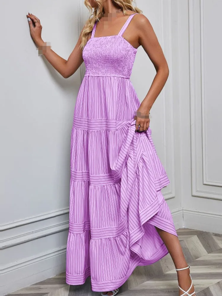 

Hawaiian Stripe Spaghetti Strap Dresses Women Spring Summer Fashion Casual Vacation Loose Sleeveless Long Dress A-line Vestidos