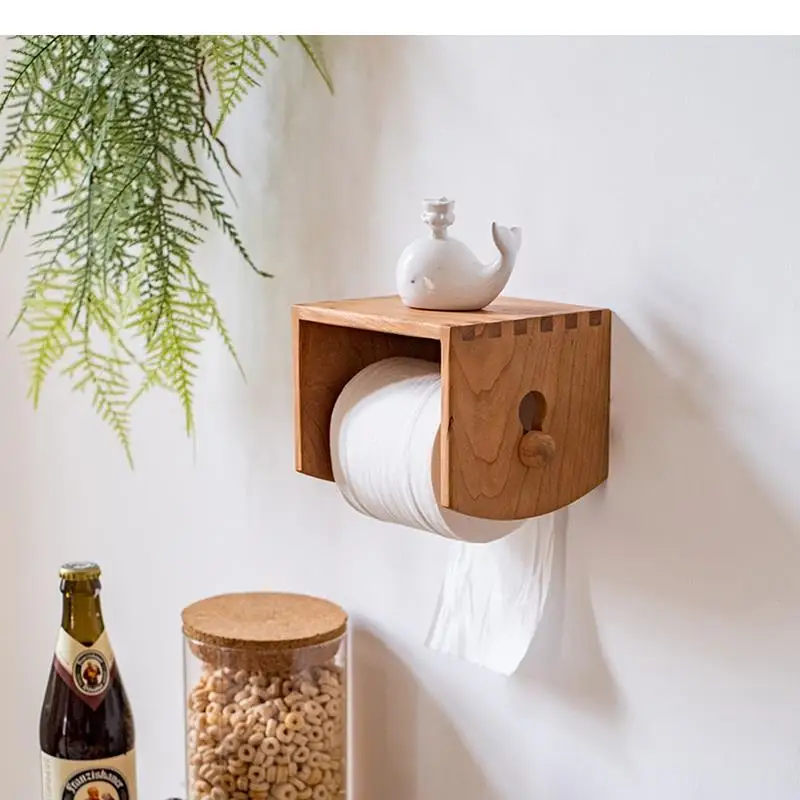 Solid Wood Tissue Holder Paper Roll Wall-mounted Toilet Holders Shelf Napkin Wall Box